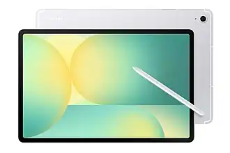 A turned-on frontal view of the Galaxy Tab S10 FE+ in Silver