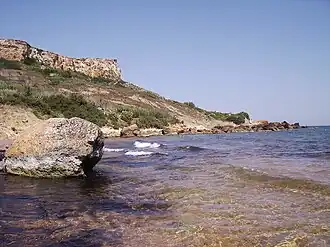 A photograph of San Blas Bay and some surrounding land.