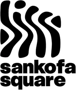 A minimalist black logo composed of geometric shapes, inspired by the Sankofa bird, with “Sankofa Square” set beneath it.