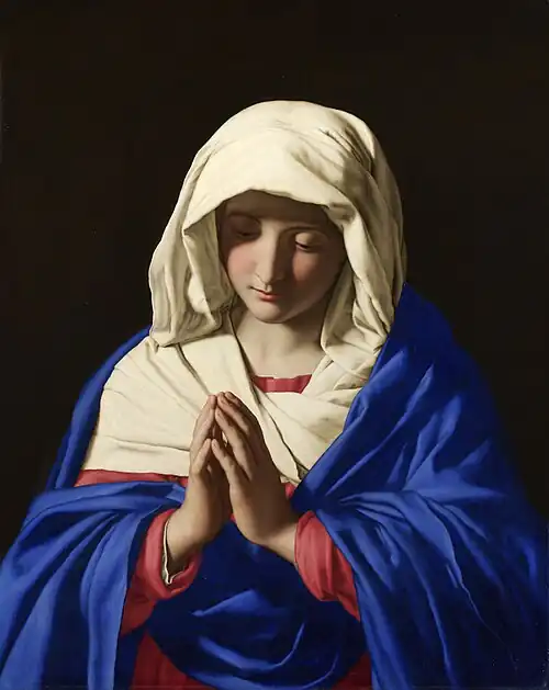 Sassoferrato's depiction of the Blessed Virgin Mary, The Virgin in Prayer, c. 1654. Her blue cloak is painted in ultramarine.[34]