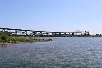 The Railroad Bridge in 2025, with the road bridge behind it