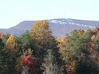 A view of Sauratown Mountain, topped with a broadcast tower, from a distance