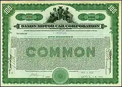 Share of the Saxon Motor Car Corporation, issued 3. August 1922