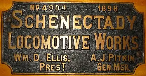 A Schenectady builder's plate of 1898 from Northern Pacific Railway class Y 2-8-0 #34.