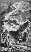 An engraving depicts two men in 18th-century attire collecting fossils at the base of rocky cliffs, while above them Noah's Ark rests on a mountaintop