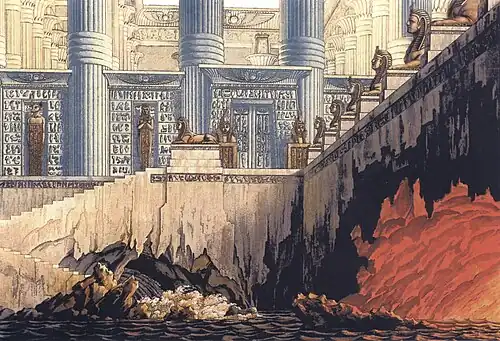 Illustration of grand temple with Egyptian columns, statues, and hieroglyph-covered walls above rocky shore with waves crashing at entrance to glowing red cave