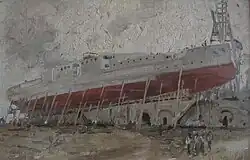 A Habsburg-class battleship on the slipway at the Stabilimento Tecnico Triestino shipyard in 1900–02