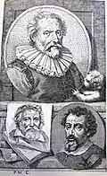 Jacob Houbraken's engraving of Abraham Bloemaert (top) and Adam van Noort (lower left), on page 44 of Part 1 of Arnold Houbraken's Schouburg from 1718