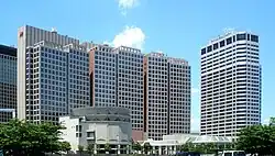 Four buildings in Tennōzu Isle. There's a building marked "JTB" at the left