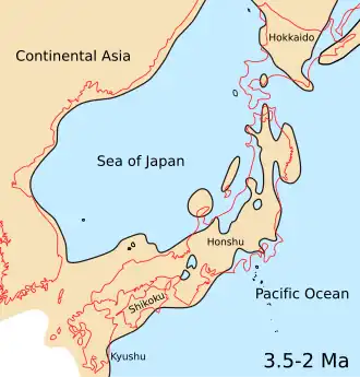 Japanese archipelago, Sea of Japan and surrounding part of continental East Asia in Middle Pliocene to Late Pliocene (3.5–2 Ma)