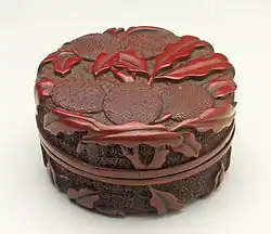 Yinni He (Seal Paste Box) with Litchi Stems, 7.5&nbsp;cm wide, Middle Ming, 1450–1500. Brocade-ground patterns are used both for the background and on the fruit.