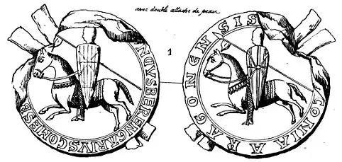 Double-sided seal of Ramon Berenguer IV, Count of Barcelona. Proven use in 1150. May date from 1144/46.[Ni 5] Drawing by Joseph Laugier[19] published in 1860.[20]