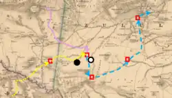 Map showing British movements during the second invasion of Zululand. Wood's Flying Column departs from Khambula in the northwest and the Second Division from Dundee in the southwest. The two British forces combine in the centre near the Nondwini River; the death of the Prince Imperial is noted a short distance to the west and the location of the Zungeni Mountain skirmish a short distance to the south east. The onward British movement to Ulundi in the north east is also shown.