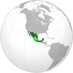 Territory administered (light green) and territory claimed (dark green) by the Second Mexican Empire in April 1864, when Maximilian accepted the throne.