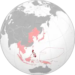 The Philippines (dark red) within the Empire of Japan (light red) at its furthest extent.