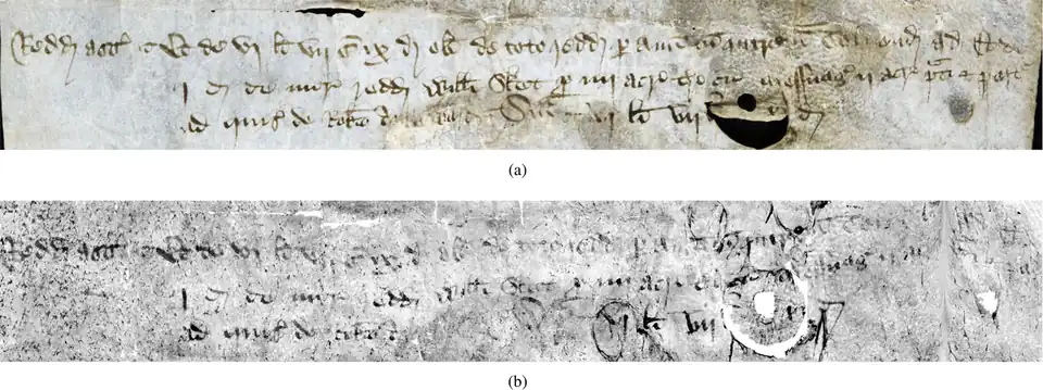 A section of the Bressingham scroll that is (a) visible after partial unrolling, and (b) the result recovered from the XMT scan.[5]