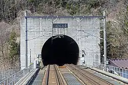 Train tracks entering mountain tunnel