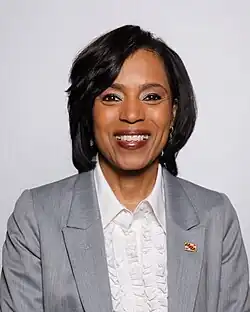 Portrait of Alsobrooks wearing a light gray blazer and a Maryland flag lapel pin