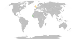 Map indicating locations of Senegal and United Kingdom