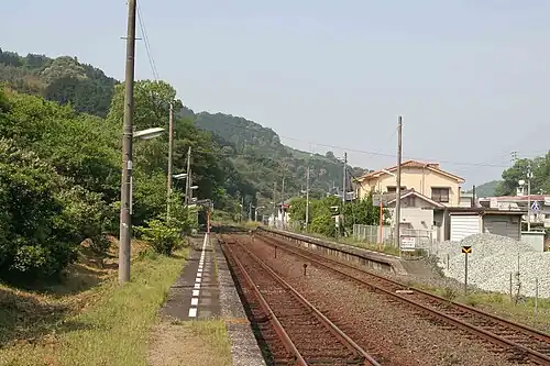 A view of the station platforms. The level crossing can be seen in the distance.