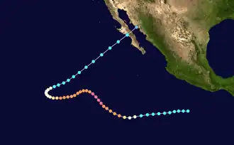 Map plotting the track and the intensity of the storm, according to the Saffir–Simpson scale