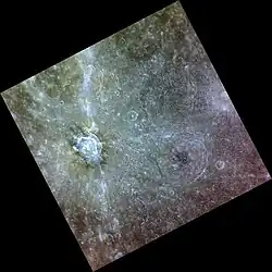 Regional view with Seuss at left and an unnamed crater with a dark central peak complex at right