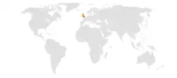 Map indicating locations of Seychelles and United Kingdom