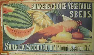 Label on wooden display box of Shaker seeds, c.&nbsp;1870