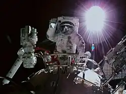 Taikonaut Zhai Zhigang performing a spacewalk on the Tiangong space station during Shenzhou 13