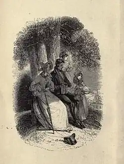A woman, a man, and a child sit outside on a wall under trees, with water in the background.