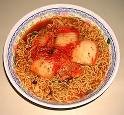 Shin Ramyun is often drunk with kimchi as a topping or on the side.