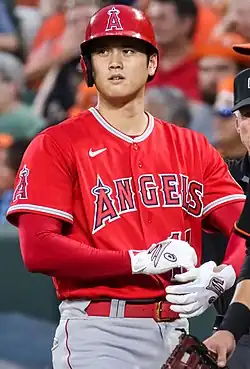 Ohtani adjusting a batting glove