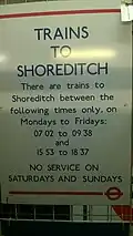 Sign showing train times from Shoreditch