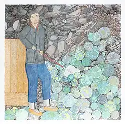 Colorful drawing showing figures shoveling multiple blue and green planetary spheres