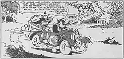 Sylvester Shyster and Peg-Leg Pete ride in a patched-up car along a country road, plotting after trapping Mickey and Minnie in a mansion. Shyster smokes a cigar while Pete hefts a pickaxe, both scheming about riches from a gold mine. It is one of two panels from the May 13, 1930 comic strip of Mickey Mouse. Sylvester Shyster (driving, with cigar): "With Minnie and Mickey locked in that old mansion we don't have to worry—I'll soon own a gold mine! Do your stuff, Pete, and I'll let you have enough for a set of gold teeth—" Peg-Leg Pete (passenger, raising a pickaxe):