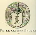Seal of Peter von der Decken from the year 1591. Peter lived from 1539 to 1619. He is the son of Hermann. Hermann was a mayor of Stade and he started the first family line. Peter owned the farms: Kampe, Oerichsheil, Ritterhof and Wechtern. This style of the coat of arms from 1591 stayed until present.