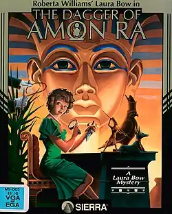 Box art showing a woman in a green dress holding a magnifying glass and a dagger with the mask of Tutankhamun in the background