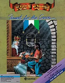 Video game box cover art for King's Quest: Quest for the Crown with a young adventurer kneeling before a white-bearded king in a stone throne room, presenting a glowing chest, with a shield resting nearby and banners hanging overhead