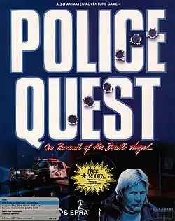 A video game box cover with "Police Quest: In Pursuit of the Death Angel" in large white letters with bullet holes over a police car and a bearded man running away from the police