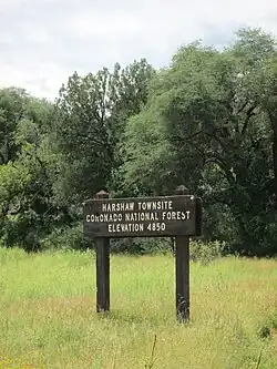 A sign marking the location of the Harshaw townsite.