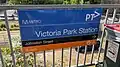 The station entrance signage on the eastern side of Victoria Park station showing directions to Johnston Street and the buses, November 2024
