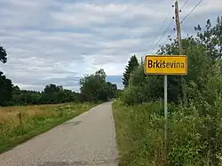 A road with a yellow sign on the right sign of it reading in black text "Brkisevina".