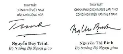 Signes of two primers Nguyễn Duy Trinh (North) and Nguyễn Thị Bình (South) at the Paris Peace Accords, 27 January 1973