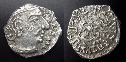 Silver coin in Western Satraps style (15mm, 2.1&nbsp;grams.)[70][71][64]