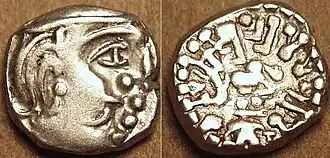 Silver coin of king Krishnaraja (r. c. 550–575) of the Kalachuri dynasty, on the model of the Western Satraps. of Kalachuris of Mahishmati