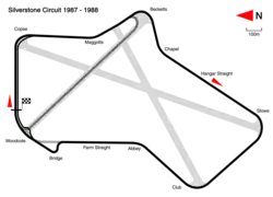 1987 to 1988: with the Bridge Chicane in place to reduce speeds through Woodcote Corner. Track length: 4.778&nbsp;km. Lap record: Nelson Piquet, Williams-Honda, 1:07.110 (1987 British Grand Prix).