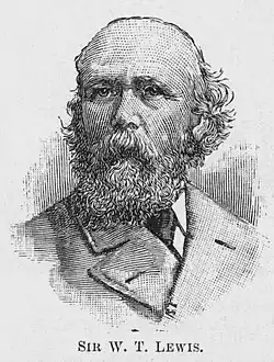 A black and white engraving of the bust of Sir William Lewis; he is shown looking to the left of the viewer. His hair has receded to the top of his head, but is slightly bushy at the sides; he has a full beard and wears a wide-lapelled jacket and tie.