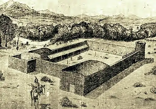 Sketch of Fort Lupton, 1913, Dr. K.L. Clock. Developed from examinations of the ruins of the fort and interviews with pioneers. Given to the Colorado Historical Society.