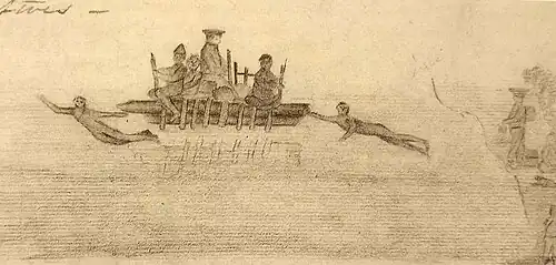 Pencil sketch showing a small raft with several seated figures, with two Aboriginal women swimming the raft through the water.