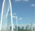Margaret Hunt Hill Bridge with Dallas skyline in background (May 2014)
